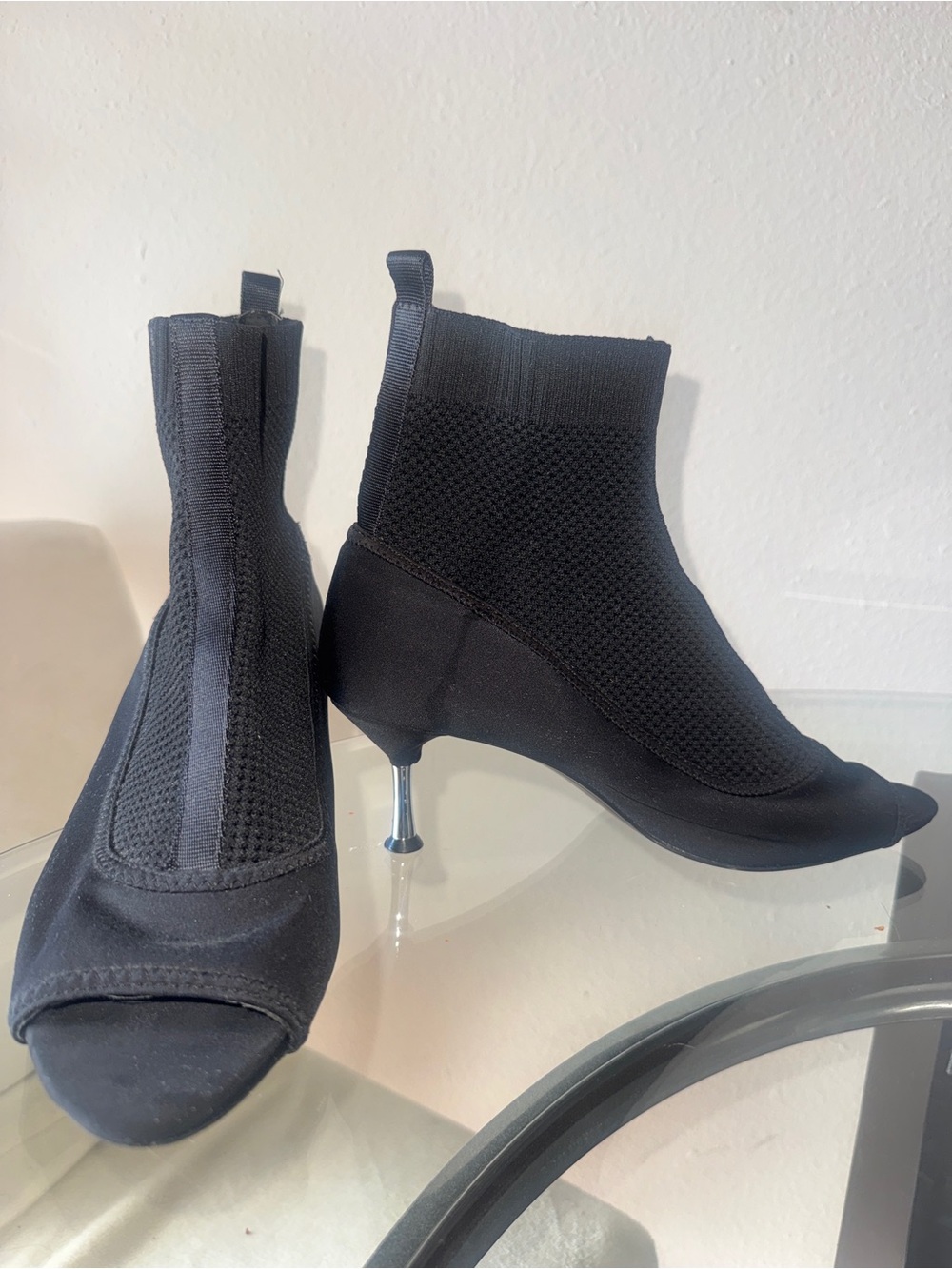 Zara Black Knit Peep-Toe Wedge Booties